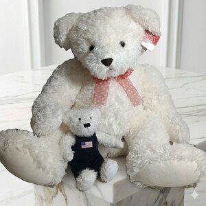 NWT Russ Berrie 2 Pcs Set Big Teddy Bear Red Bow Plush Soft White 23" Tall Happy